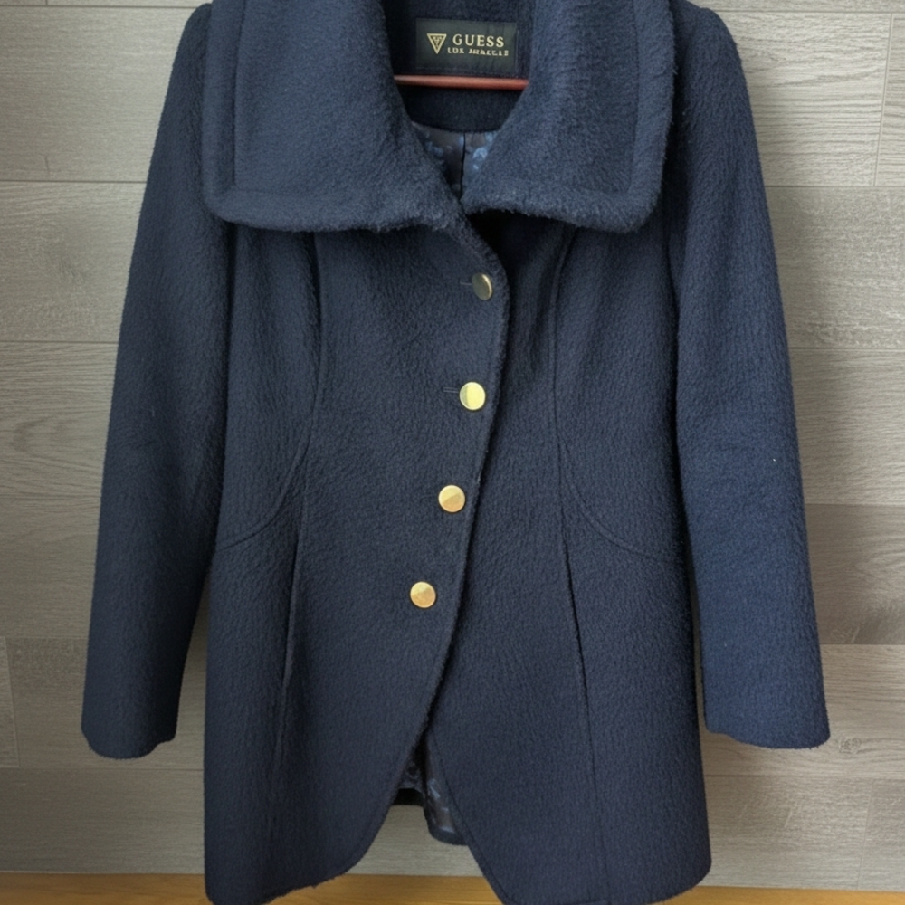 GUESS Navy Textured Wool Blend Coat - Rose Floral Lining SZ Medium